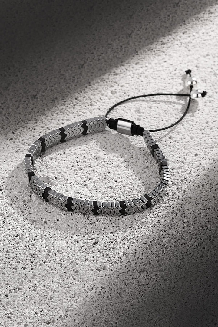 NVM NOON Hematite Stone Silver Color Adjustable Men's Bracelet NN1444 - Kokomo