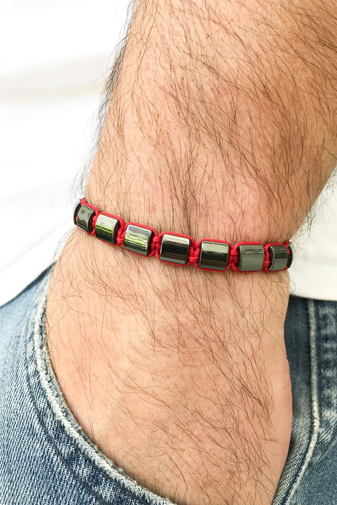 NVM Noon Hematite Stone Handmade Adjustable Red Macrame Men's Bracelet NN1374 - Southaven