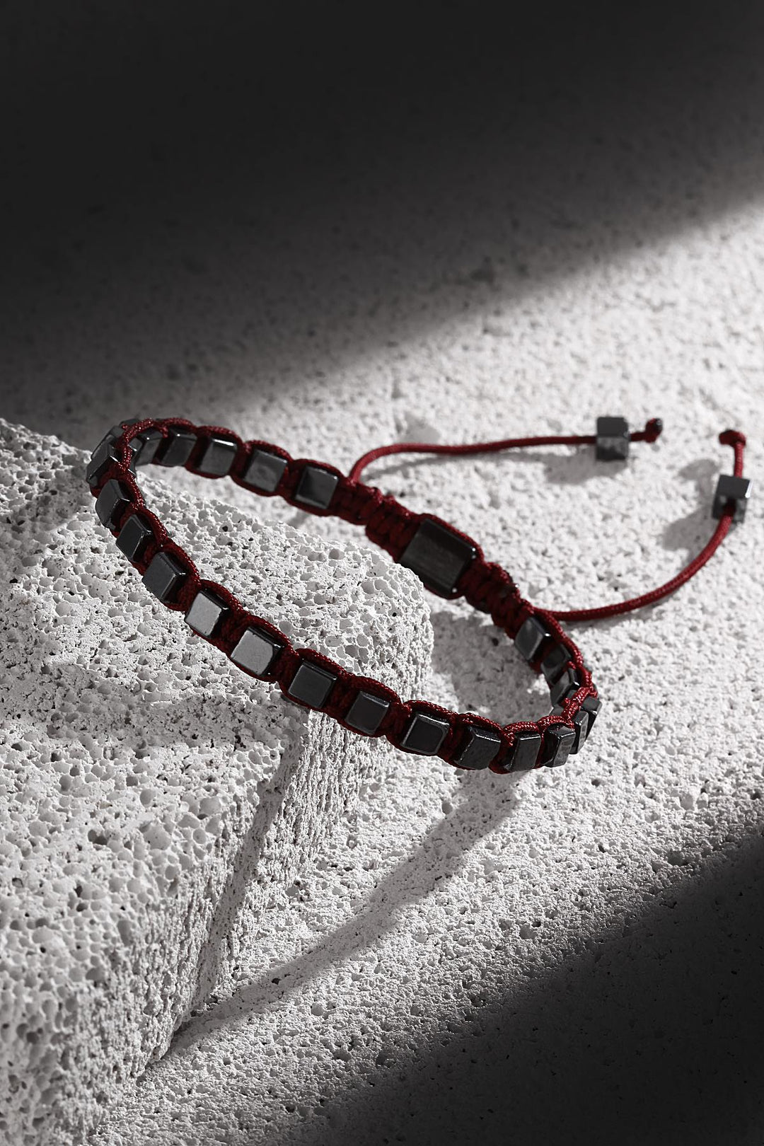 NVM NOON Square Shaped Hematite Stone Burgundy Color Handmade Adjustable Macrame Men's Bracelet NN1403 - Colomiers