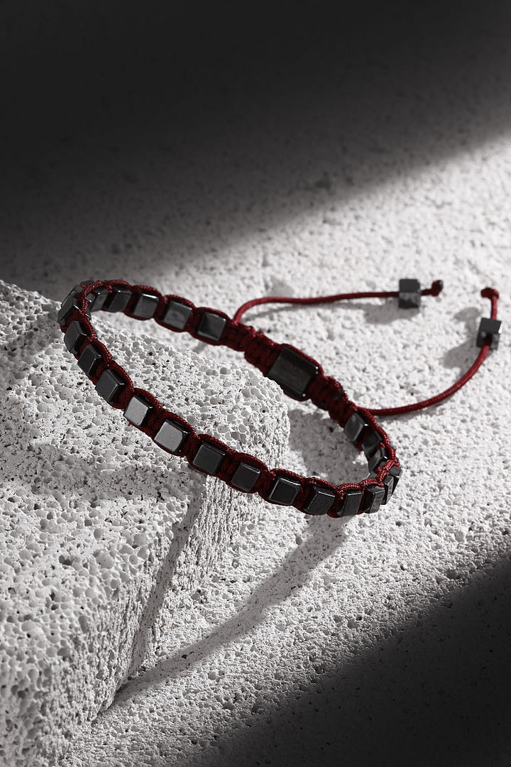 NVM NOON Square Shaped Hematite Stone Burgundy Color Handmade Adjustable Macrame Men's Bracelet NN1403 - Colomiers
