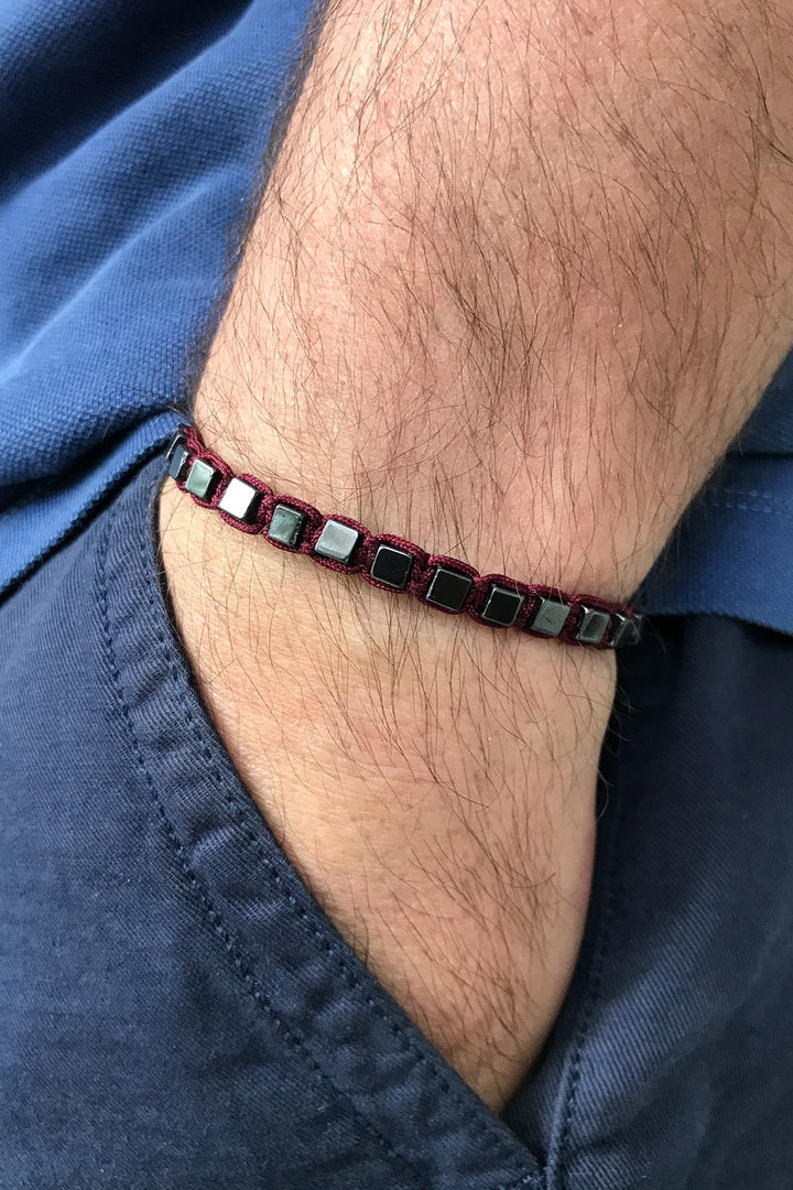 NVM NOON Square Shaped Hematite Stone Burgundy Color Handmade Adjustable Macrame Men's Bracelet NN1403 - Colomiers