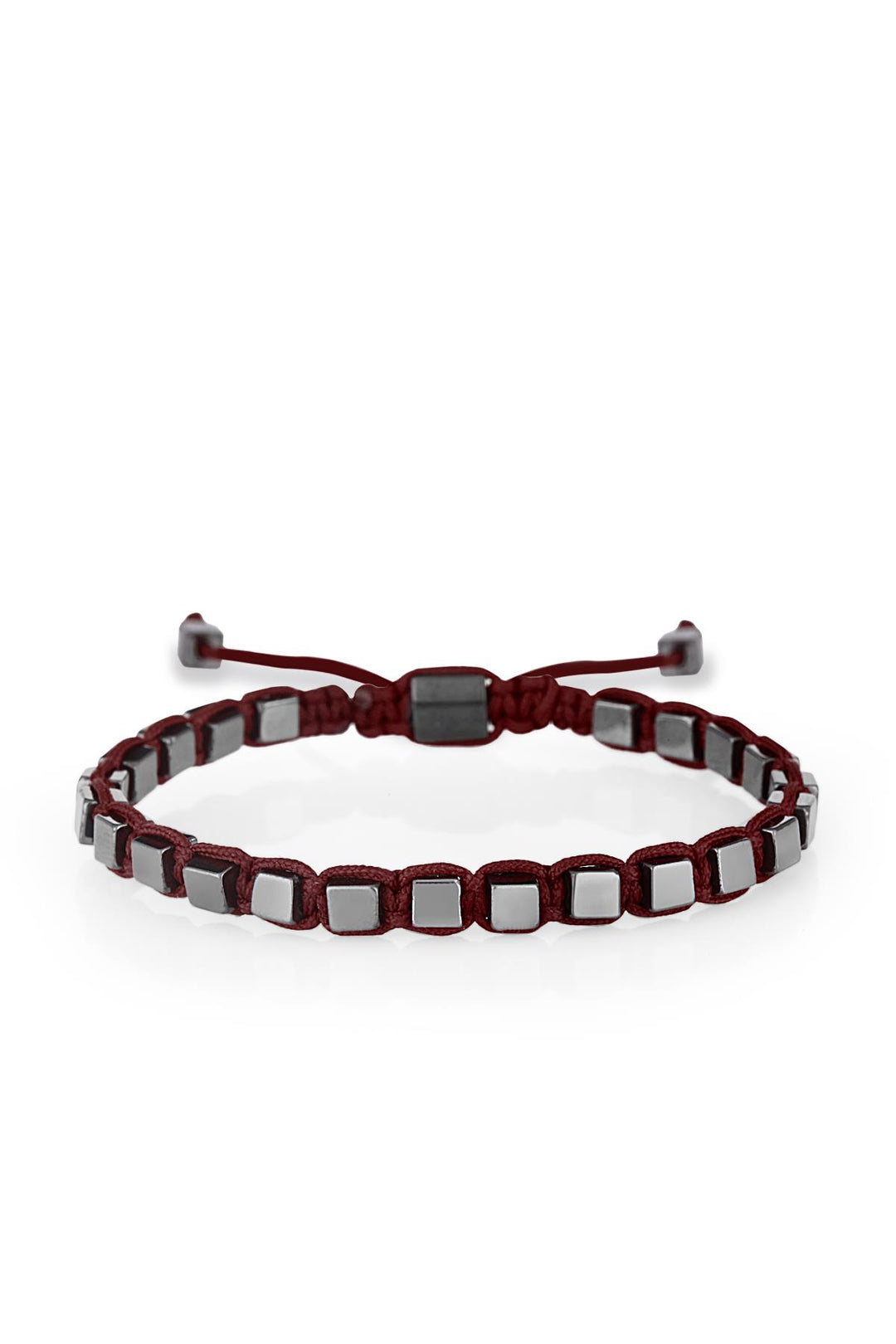 NVM NOON Square Shaped Hematite Stone Burgundy Color Handmade Adjustable Macrame Men's Bracelet NN1403 - Colomiers