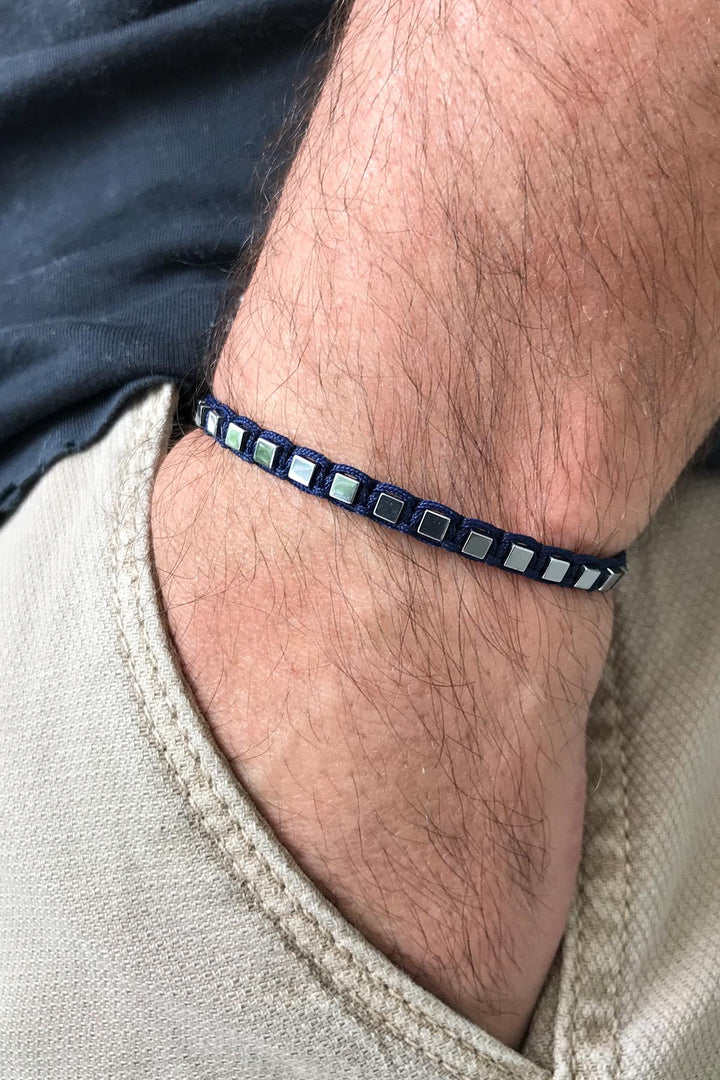 NVM NOON Square Shaped Hematite Stone Navy Blue Handmade Adjustable Macrame Men's Bracelet NN1422 - Rennes