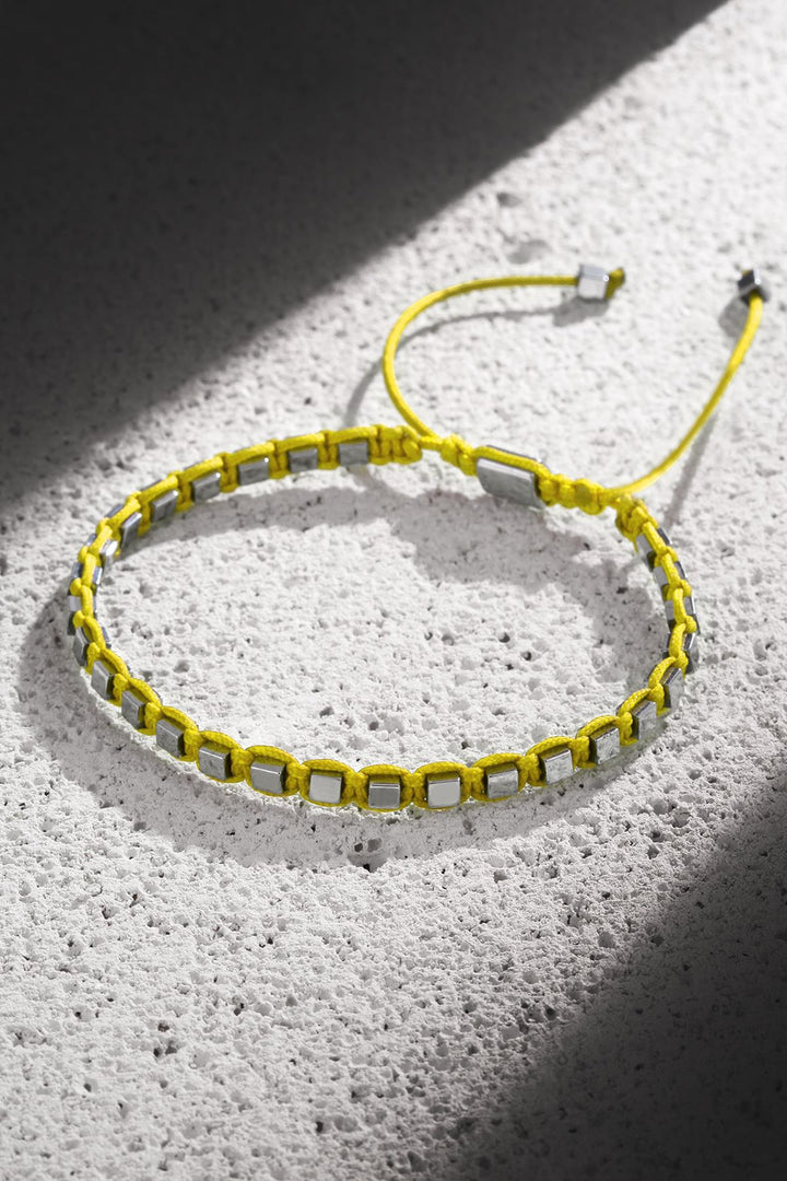 NVM NOON Square Shaped Hematite Stone Yellow Color Handmade Adjustable Macrame Men's Bracelet NN1428 - Des Plaines