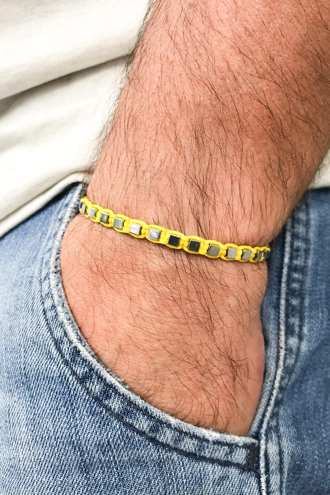 NVM NOON Square Shaped Hematite Stone Yellow Color Handmade Adjustable Macrame Men's Bracelet NN1428 - Des Plaines