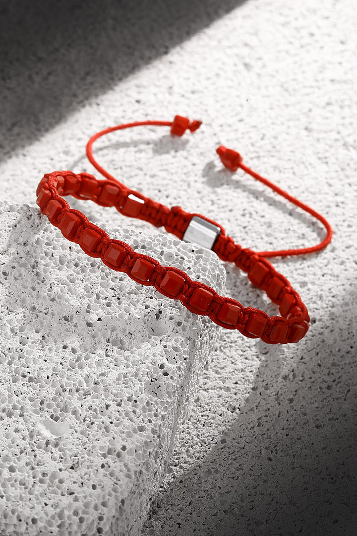 NVM NOON Cube Cut Crystal Stone Red Color Adjustable Macrame Men's Bracelet NN1452 - Coesfeld