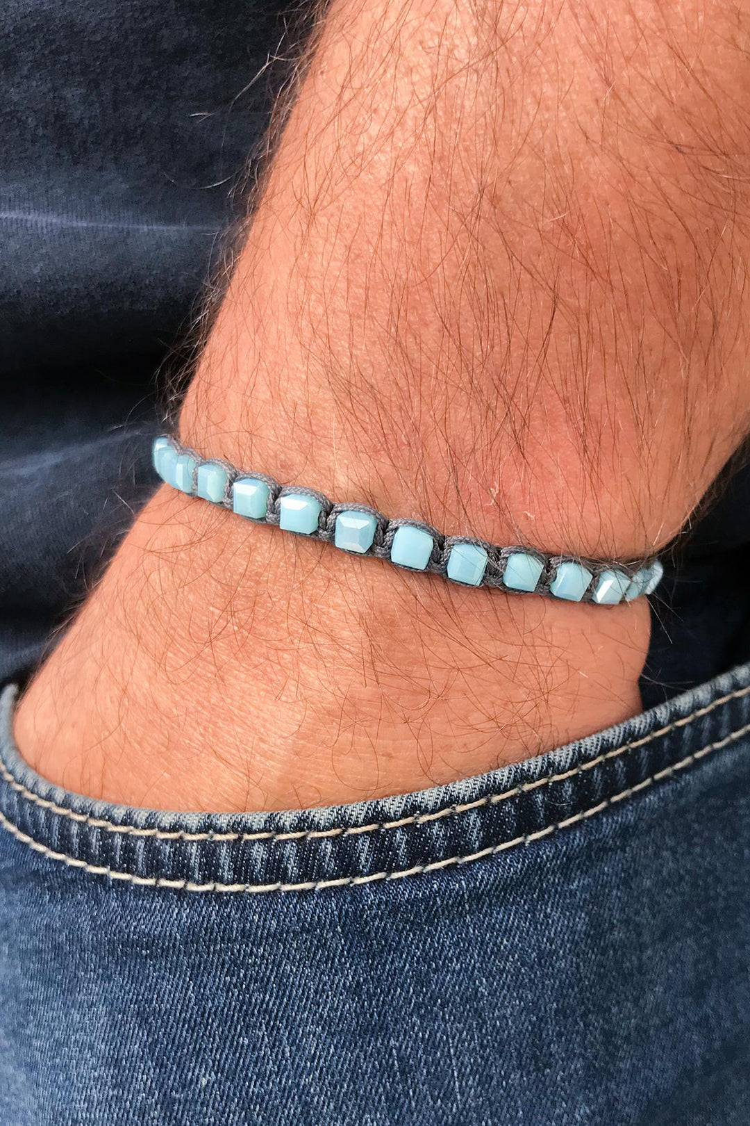 NVM NOON Cube Cut Crystal Stone Turquoise Color Adjustable Macrame Men's Bracelet NN1459 - Greeley