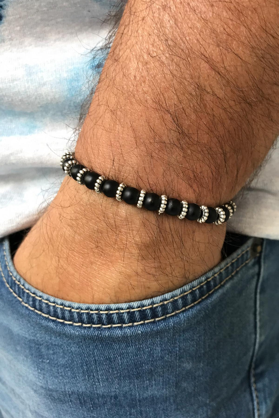 NVM NOON Onyx Stone Black Color Adjustable Macrame Men's Bracelet NN1464 - Leith