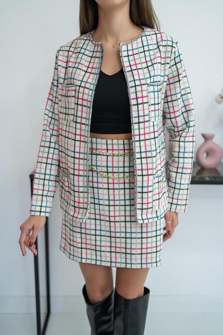 ELS Open Front Jacket and Skirt Set with Chain - White - Newbury