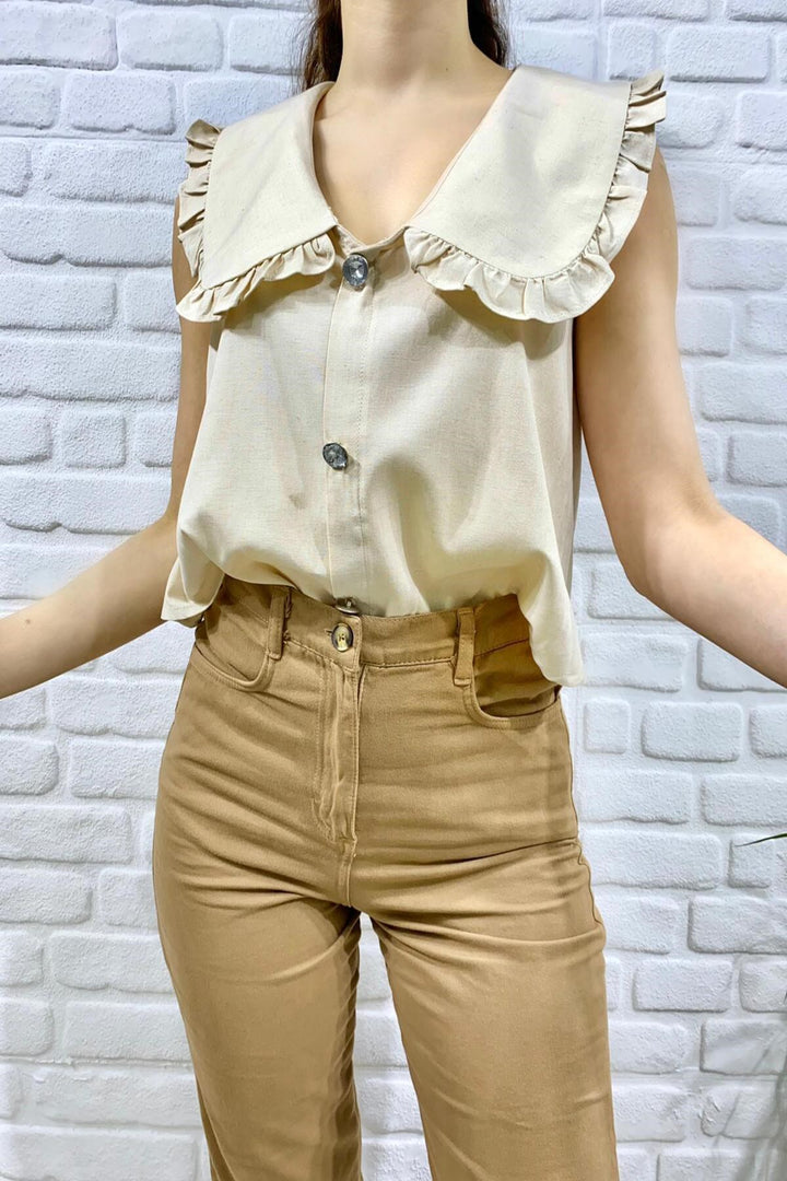 ELS Button-Front Baby Collar Blouse - Beige - Zweibrücken