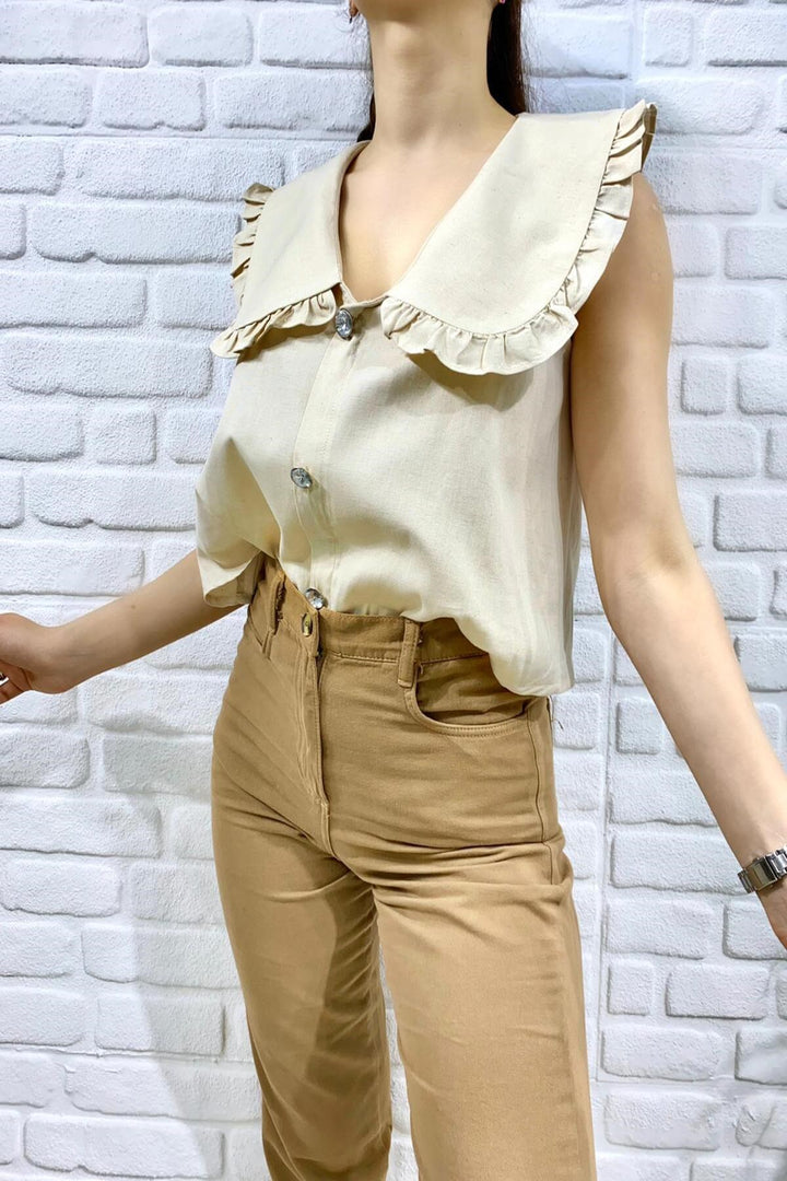 ELS Button-Front Baby Collar Blouse - Beige - Zweibrücken