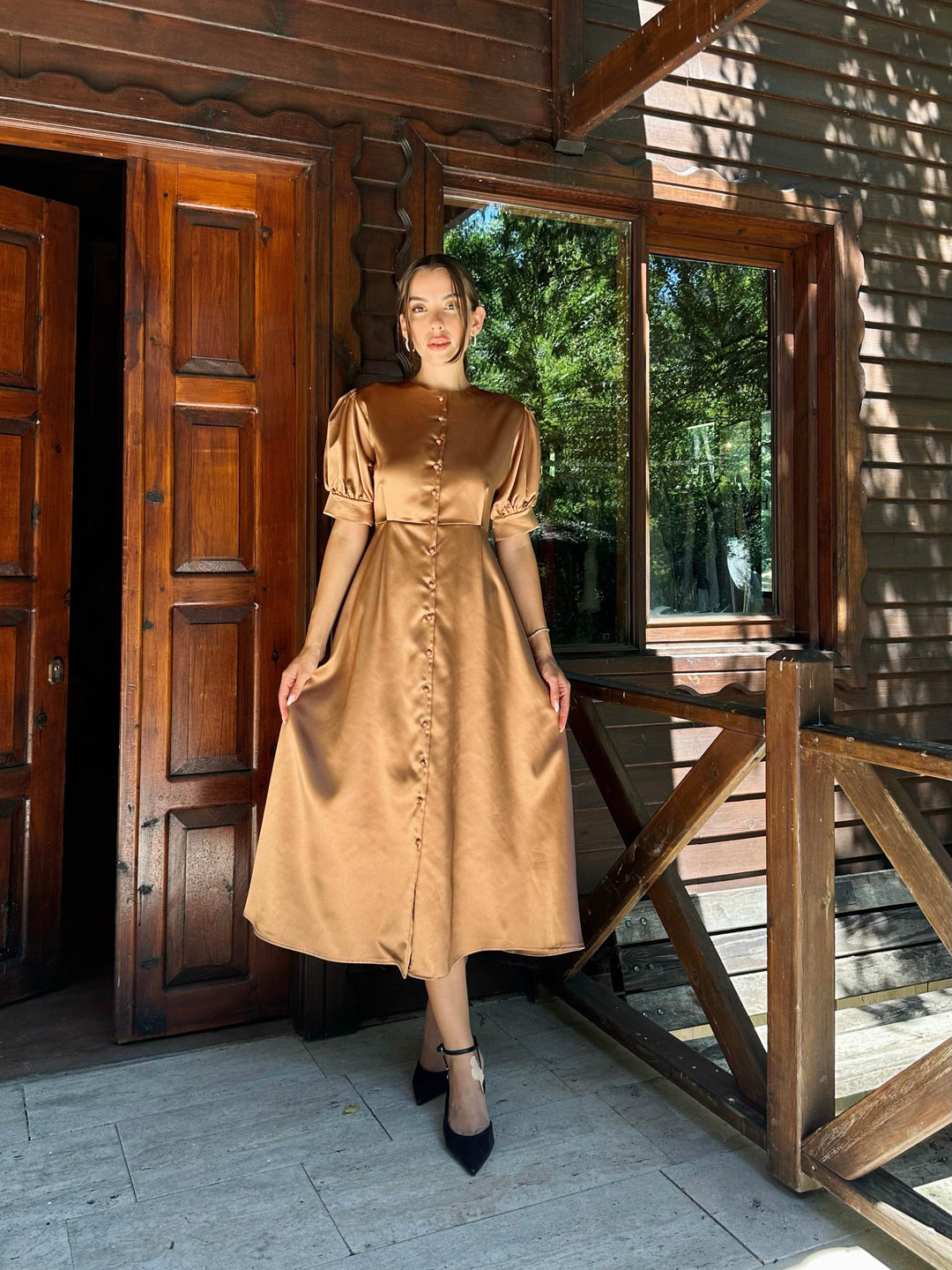 ELS Buttoned Satin Dress - Mink - Hallandale Beach