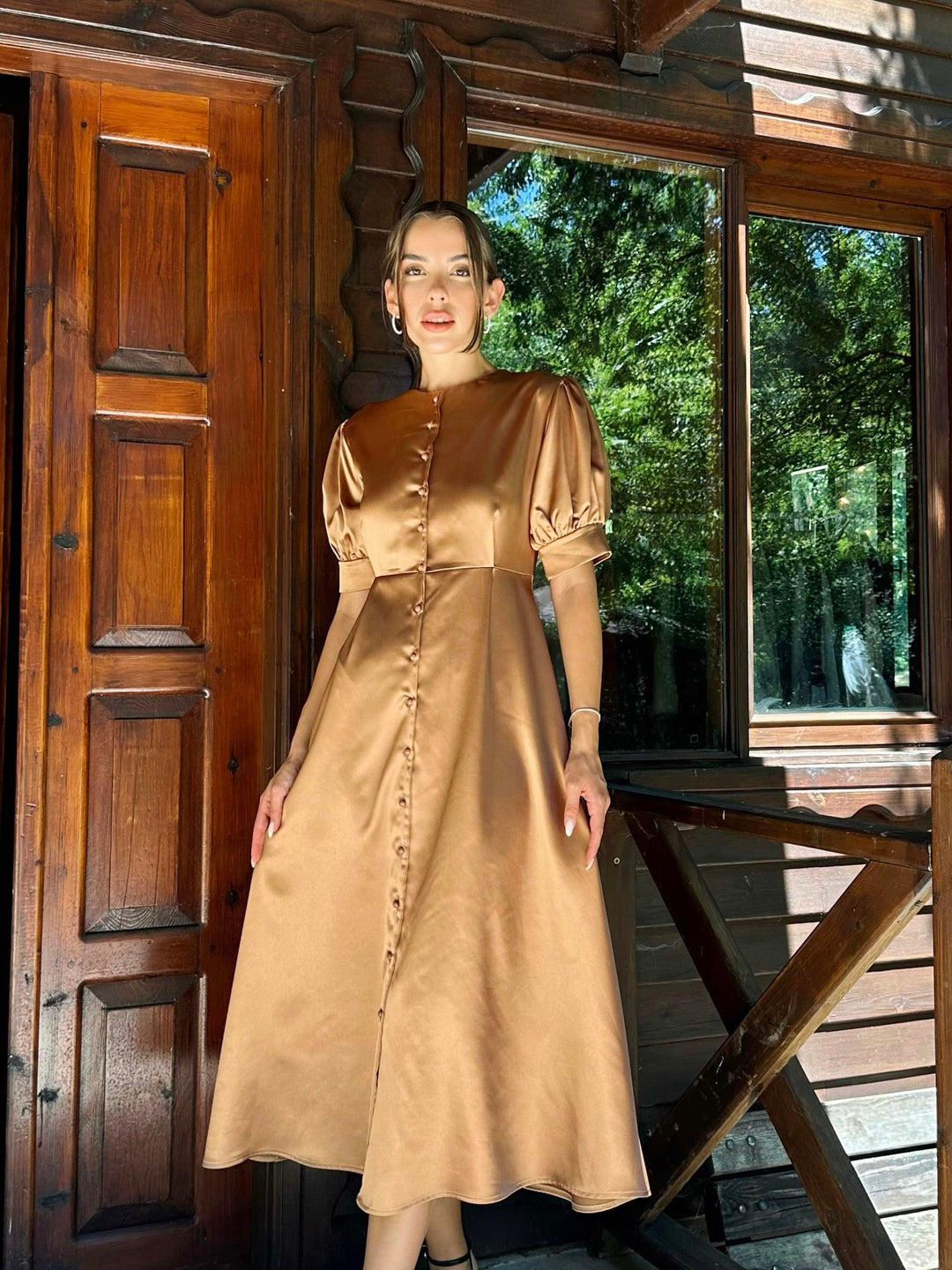 ELS Buttoned Satin Dress - Mink - Hallandale Beach