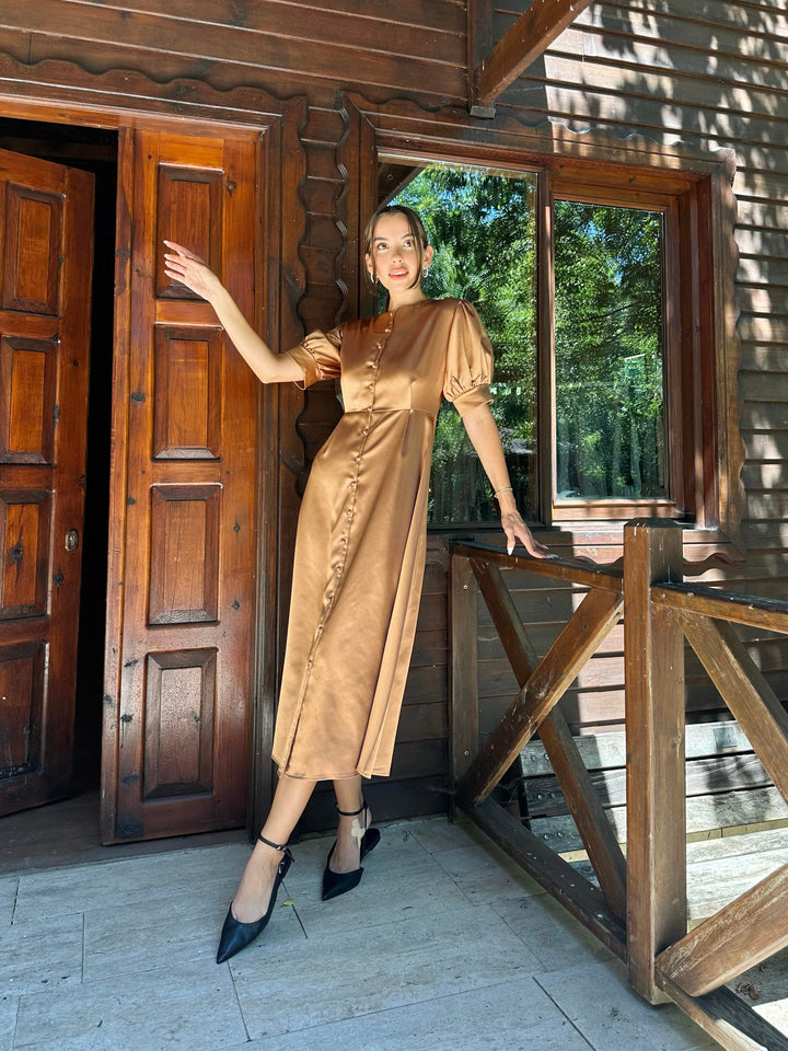 ELS Buttoned Satin Dress - Mink - Hallandale Beach