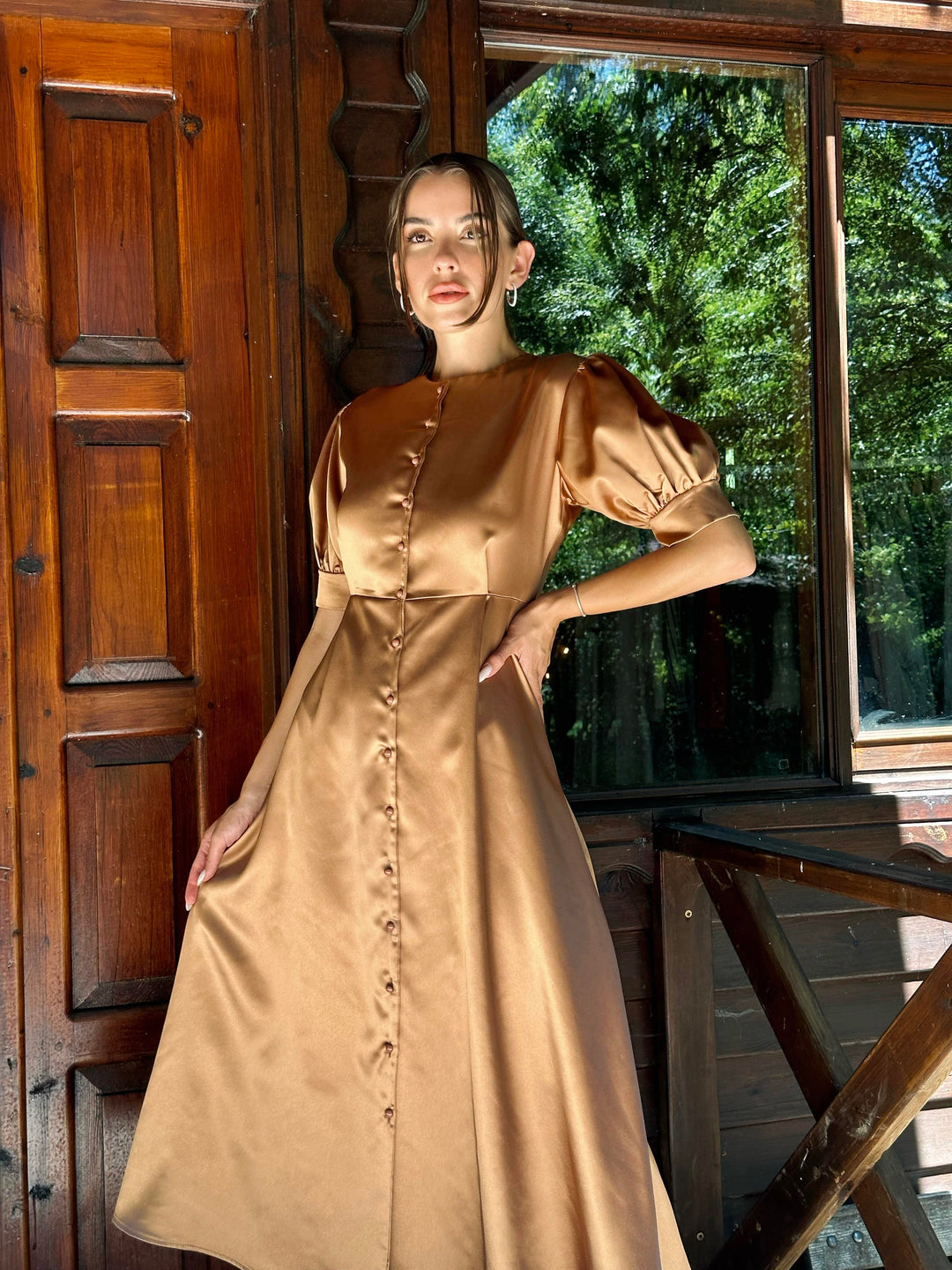 ELS Buttoned Satin Dress - Mink - Hallandale Beach