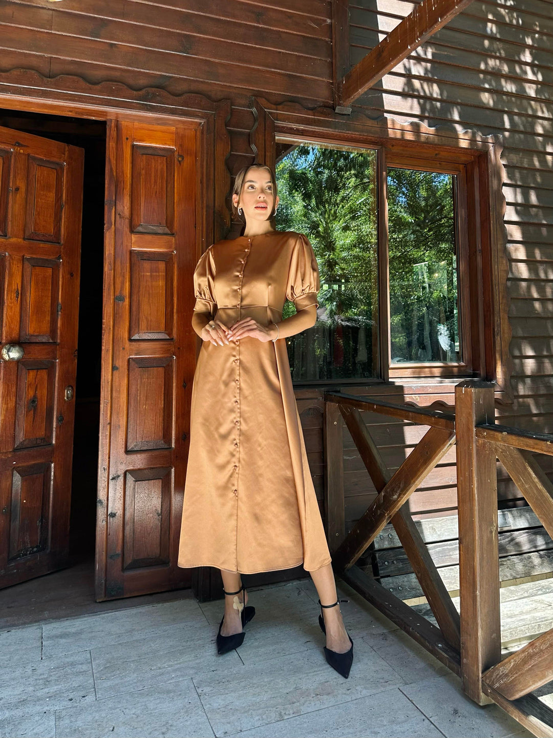 ELS Buttoned Satin Dress - Mink - Hallandale Beach