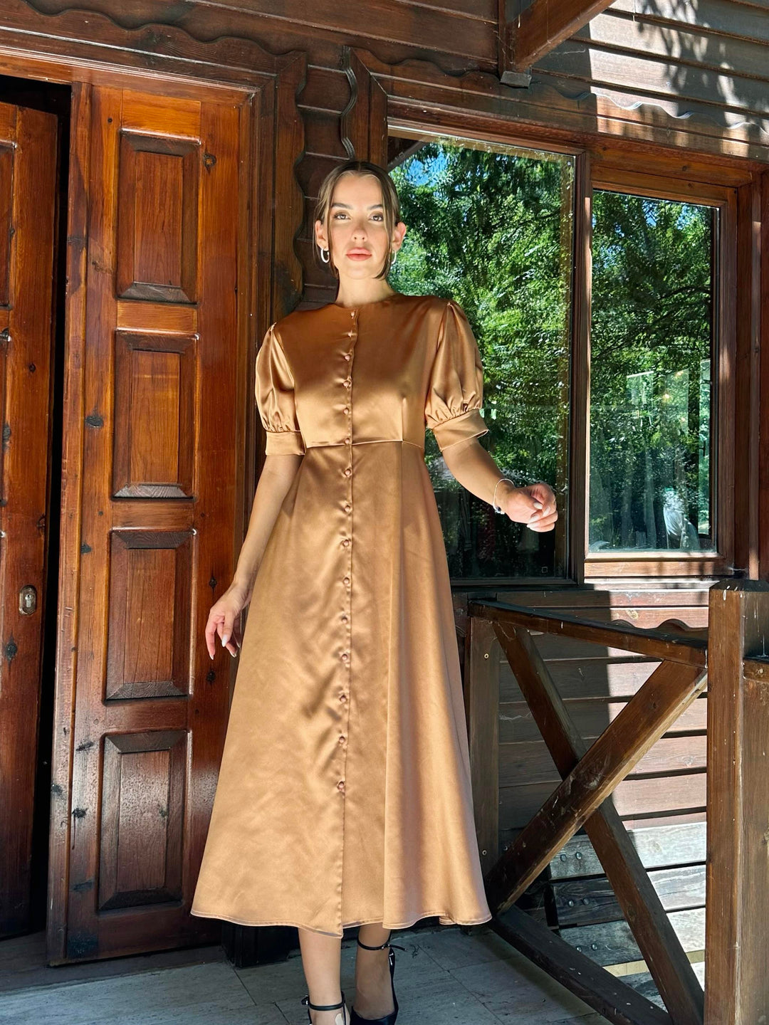 ELS Buttoned Satin Dress - Mink - Hallandale Beach