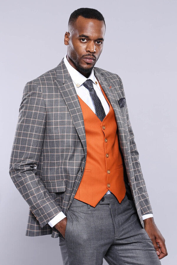 WSS Orange Vested Checked Grey Men Suit  - Wuppertal