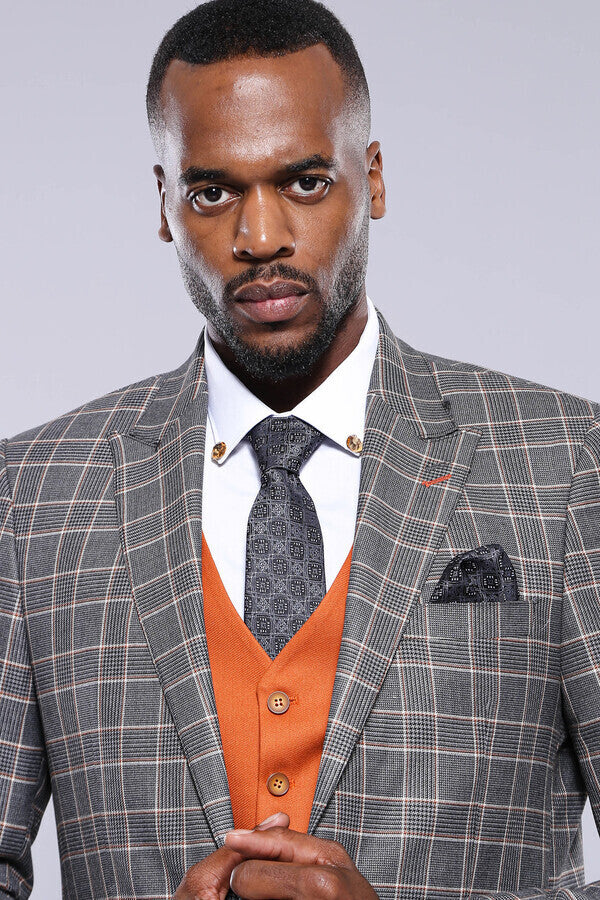 WSS Orange Vested Checked Grey Men Suit  - Wuppertal