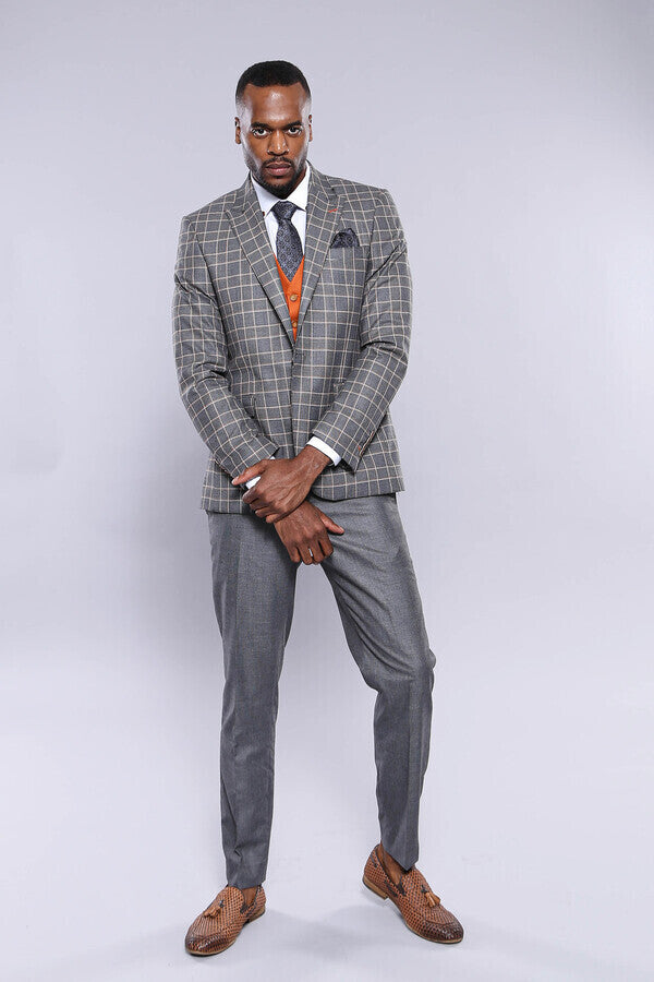 WSS Orange Vested Checked Grey Men Suit  - Wuppertal