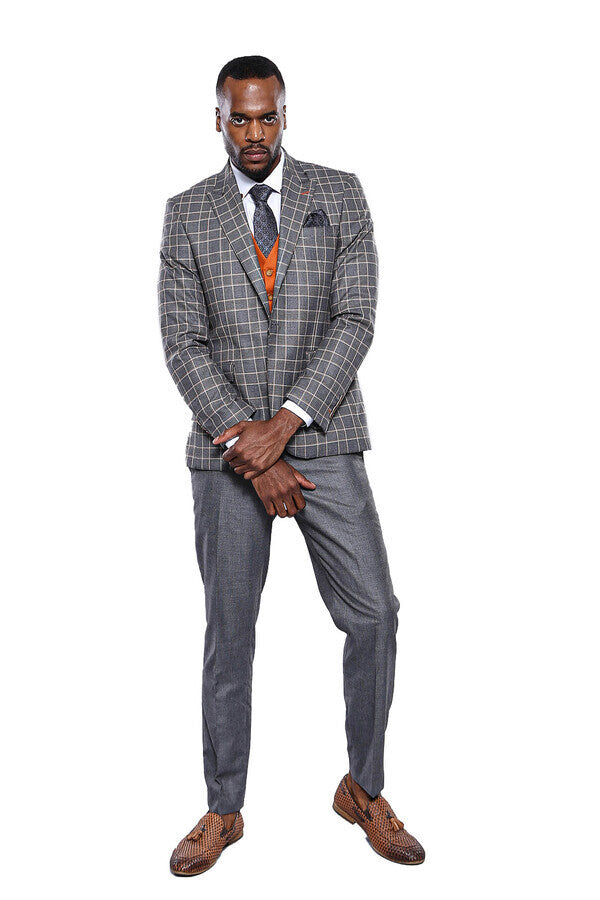 WSS Orange Vested Checked Grey Men Suit  - Wuppertal