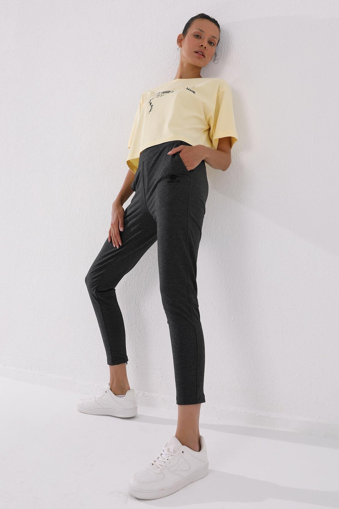 TMY Anthracite Melange Zippered Cuffed Pocketed Comfort Fit Women's Sweatpants - 94246 - Kendall