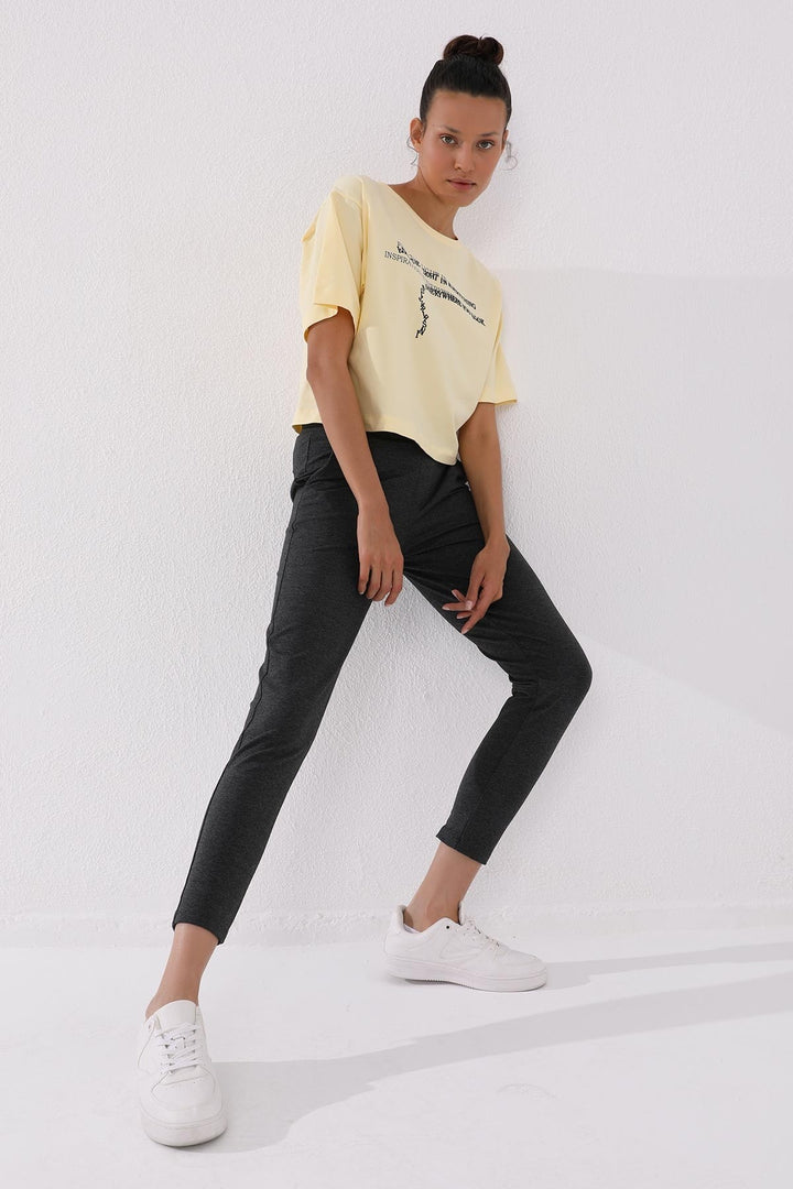 TMY Anthracite Melange Zippered Cuffed Pocketed Comfort Fit Women's Sweatpants - 94246 - Kendall