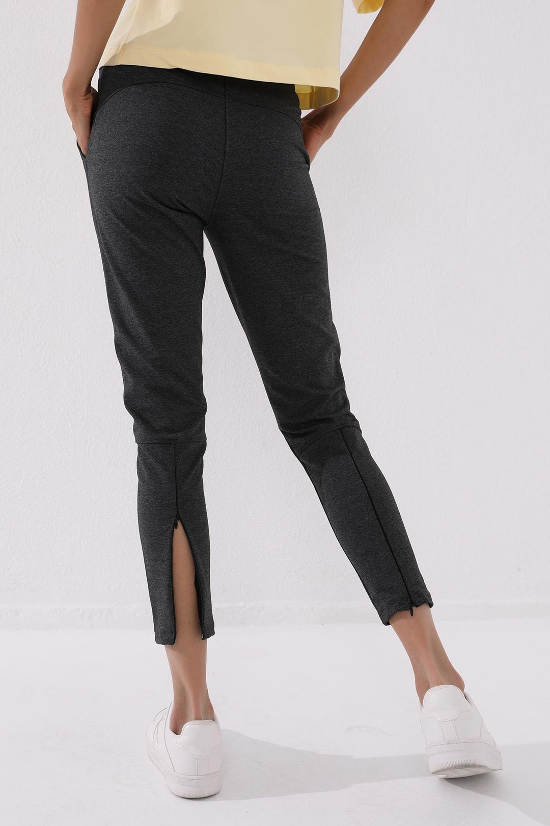 TMY Anthracite Melange Zippered Cuffed Pocketed Comfort Fit Women's Sweatpants - 94246 - Kendall