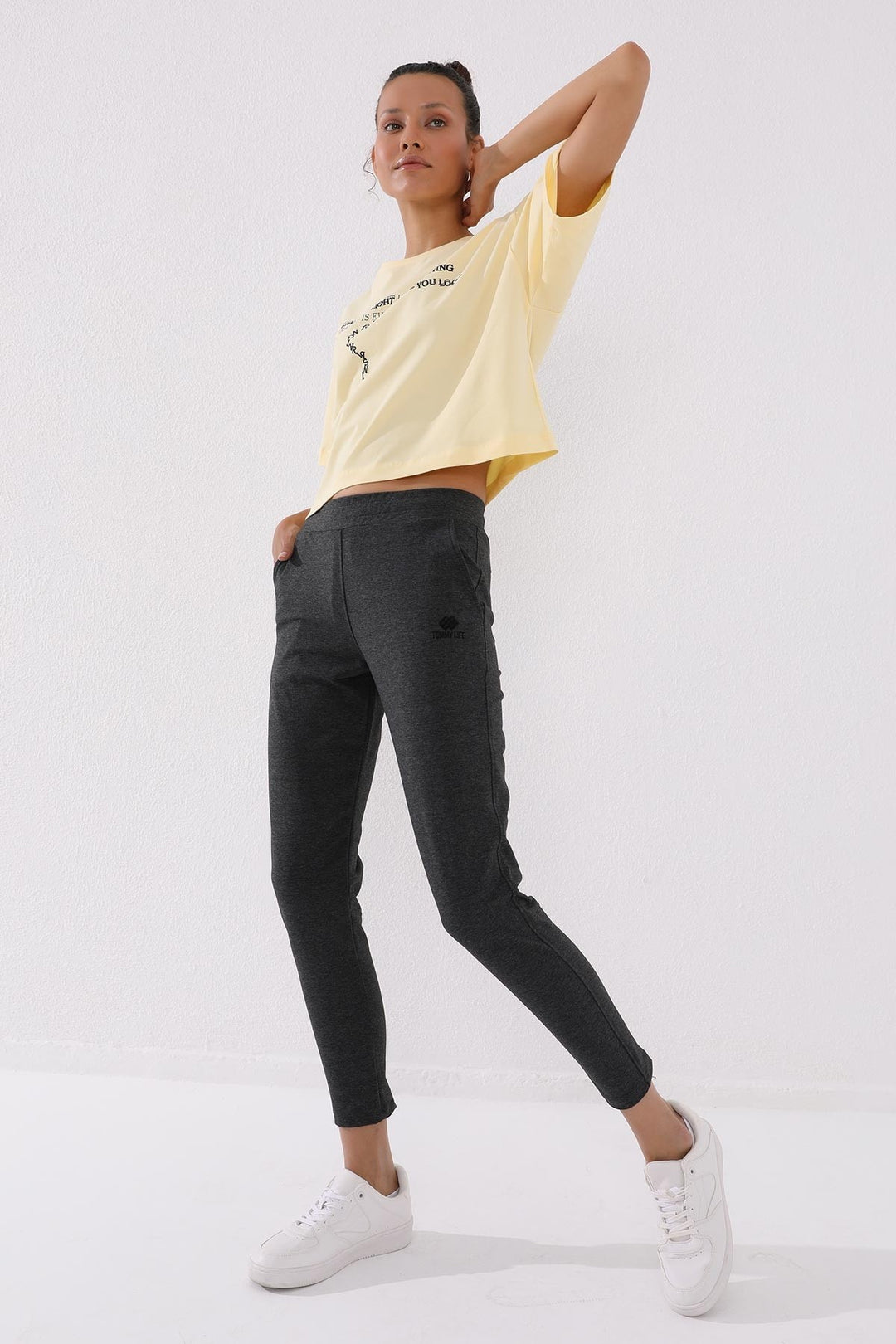 TMY Anthracite Melange Zippered Cuffed Pocketed Comfort Fit Women's Sweatpants - 94246 - Kendall