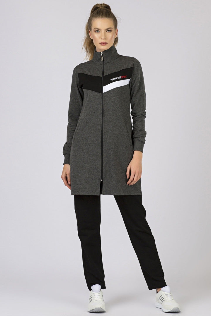 TMY Anthracite - Black High Neck Zippered Pocketed Standard Fit Classic Cuff Women's Sweatshirt Tunic Set - 95206 - Essen