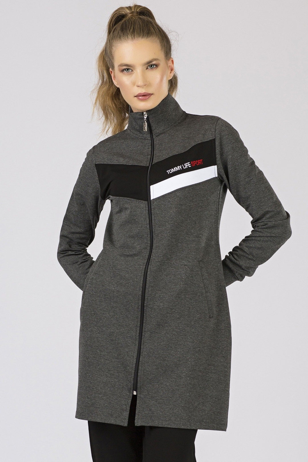 TMY Anthracite - Black High Neck Zippered Pocketed Standard Fit Classic Cuff Women's Sweatshirt Tunic Set - 95206 - Essen