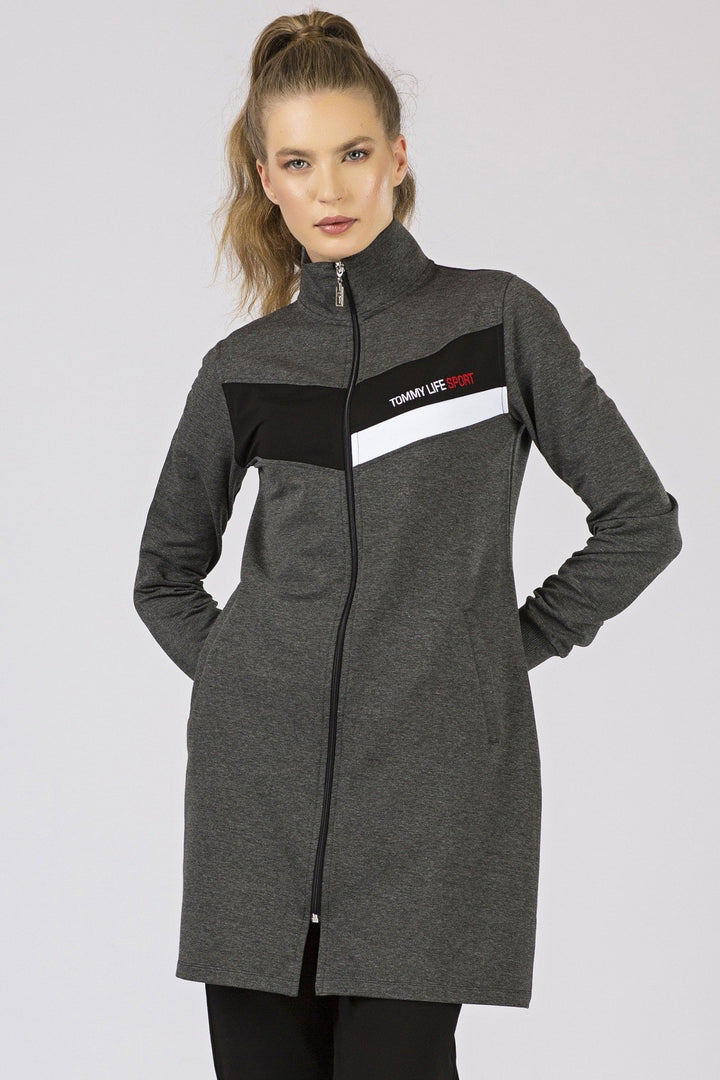 TMY Anthracite - Black High Neck Zippered Pocketed Standard Fit Classic Cuff Women's Sweatshirt Tunic Set - 95206 - Essen