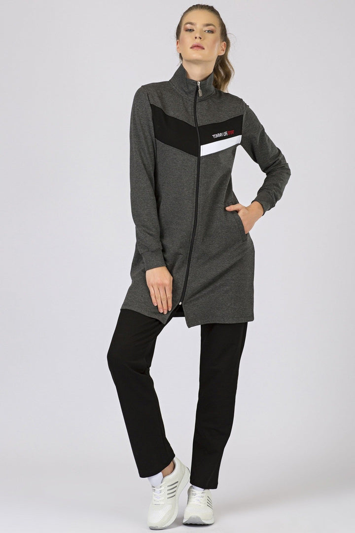TMY Anthracite - Black High Neck Zippered Pocketed Standard Fit Classic Cuff Women's Sweatshirt Tunic Set - 95206 - Essen