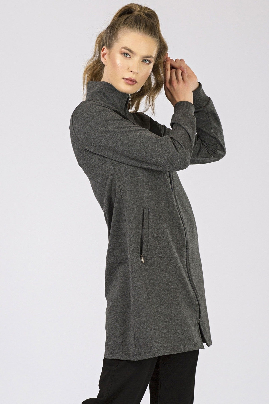 TMY Anthracite - Black High Neck Zippered Pocketed Standard Fit Classic Cuff Women's Sweatshirt Tunic Set - 95206 - Essen