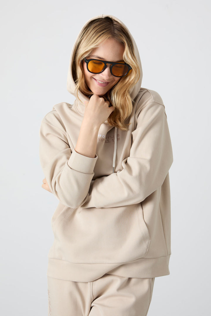 TMY Beige Hooded Kangaroo Pocket Oversized Elastic Cuff Women's Tracksuit - 95288 - Keizer
