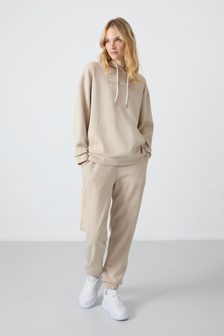 TMY Beige Hooded Kangaroo Pocket Oversized Elastic Cuff Women's Tracksuit - 95288 - Keizer