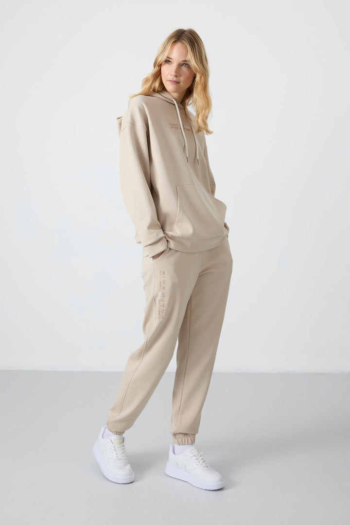 TMY Beige Hooded Kangaroo Pocket Oversized Elastic Cuff Women's Tracksuit - 95288 - Keizer
