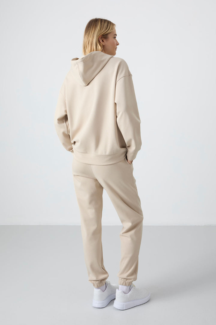 TMY Beige Hooded Kangaroo Pocket Oversized Elastic Cuff Women's Tracksuit - 95288 - Keizer