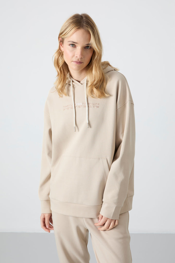 TMY Beige Hooded Kangaroo Pocket Oversized Elastic Cuff Women's Tracksuit - 95288 - Keizer