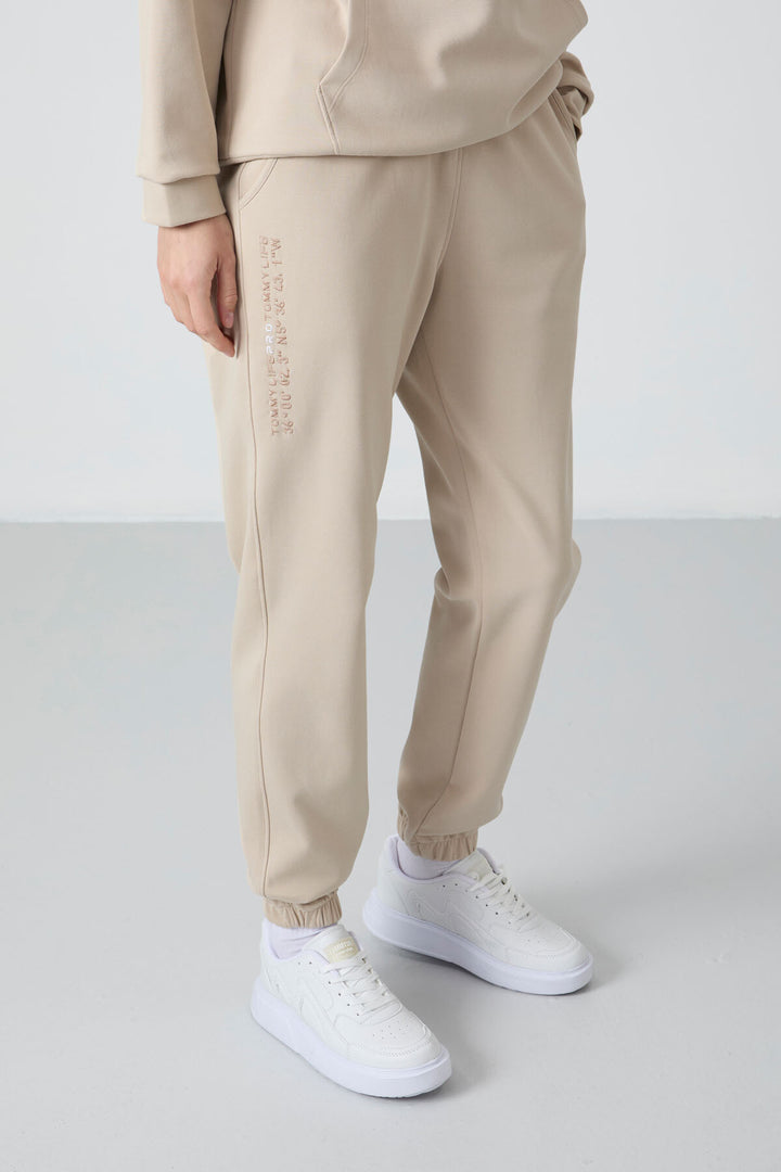 TMY Beige Hooded Kangaroo Pocket Oversized Elastic Cuff Women's Tracksuit - 95288 - Keizer