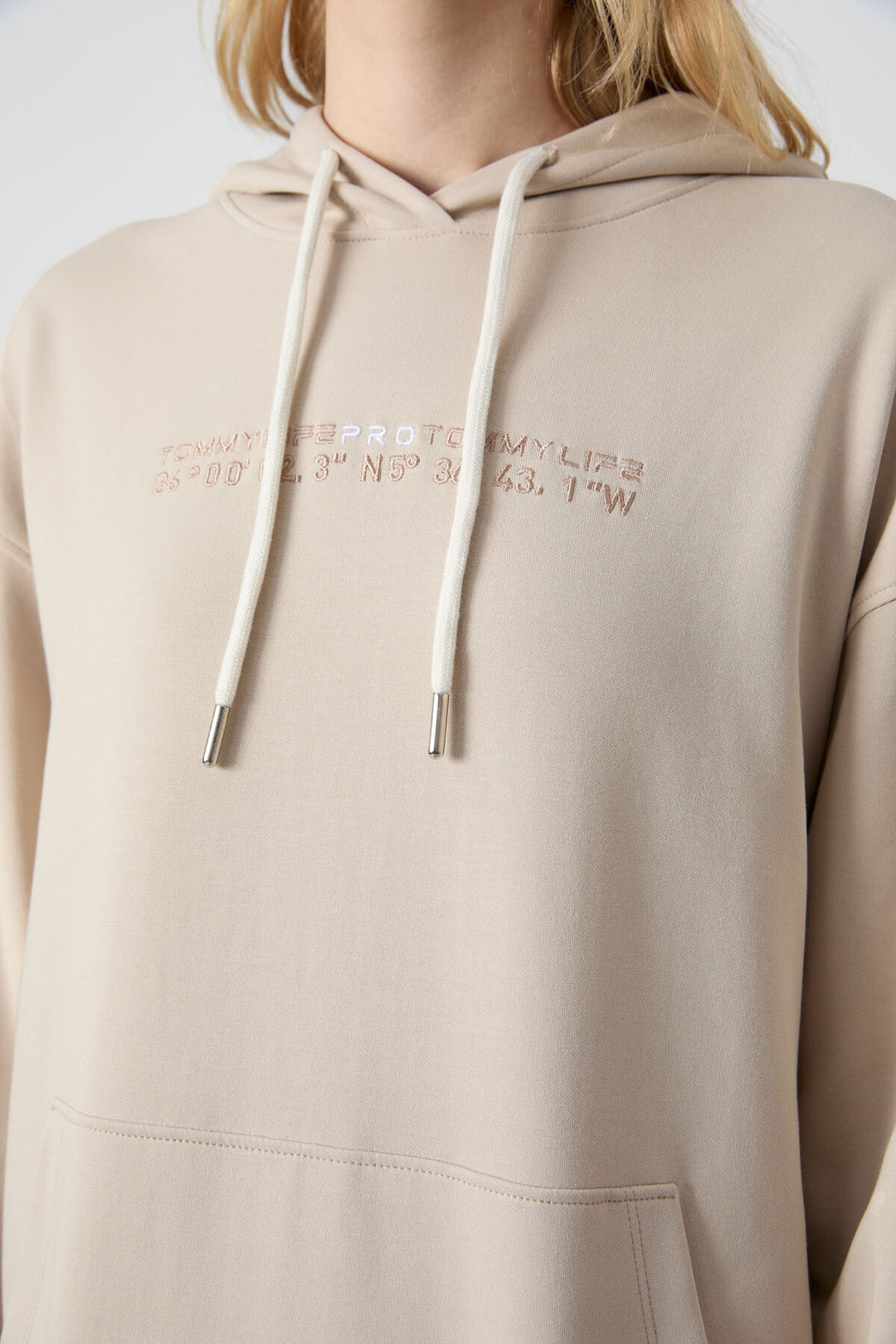 TMY Beige Hooded Kangaroo Pocket Oversized Elastic Cuff Women's Tracksuit - 95288 - Keizer