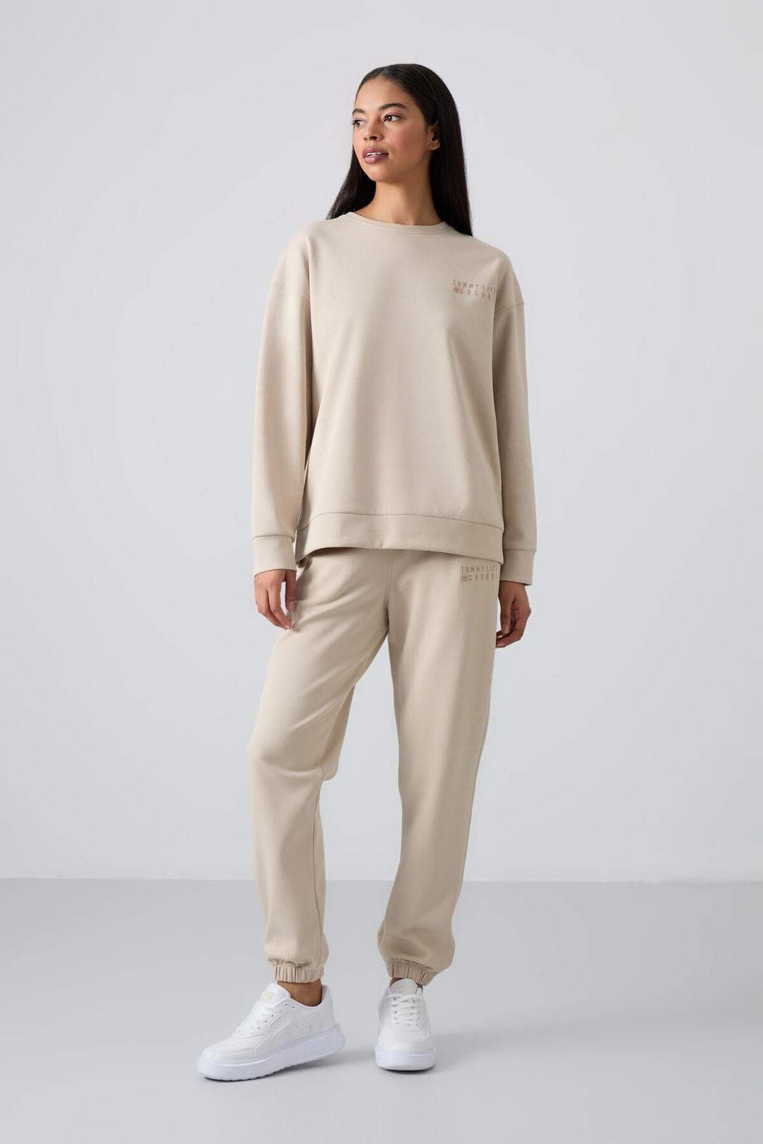 TMY Beige V-Neck Oversized Elastic Cuff Women's Tracksuit Set - 95287 - Rotterdam