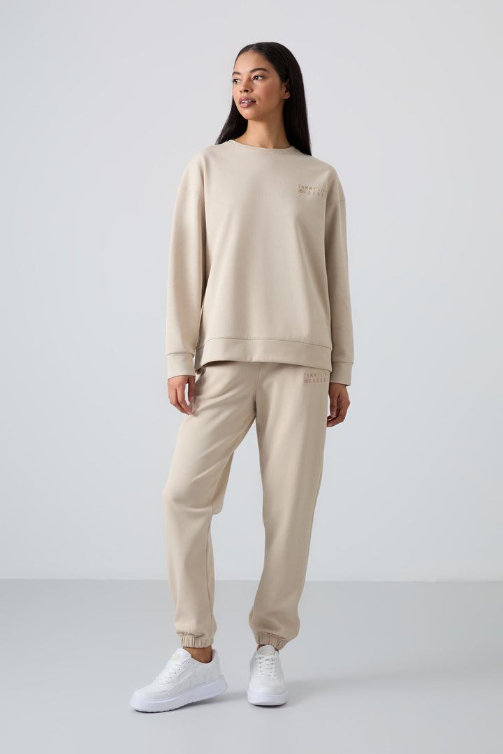 TMY Beige V-Neck Oversized Elastic Cuff Women's Tracksuit Set - 95287 - Rotterdam