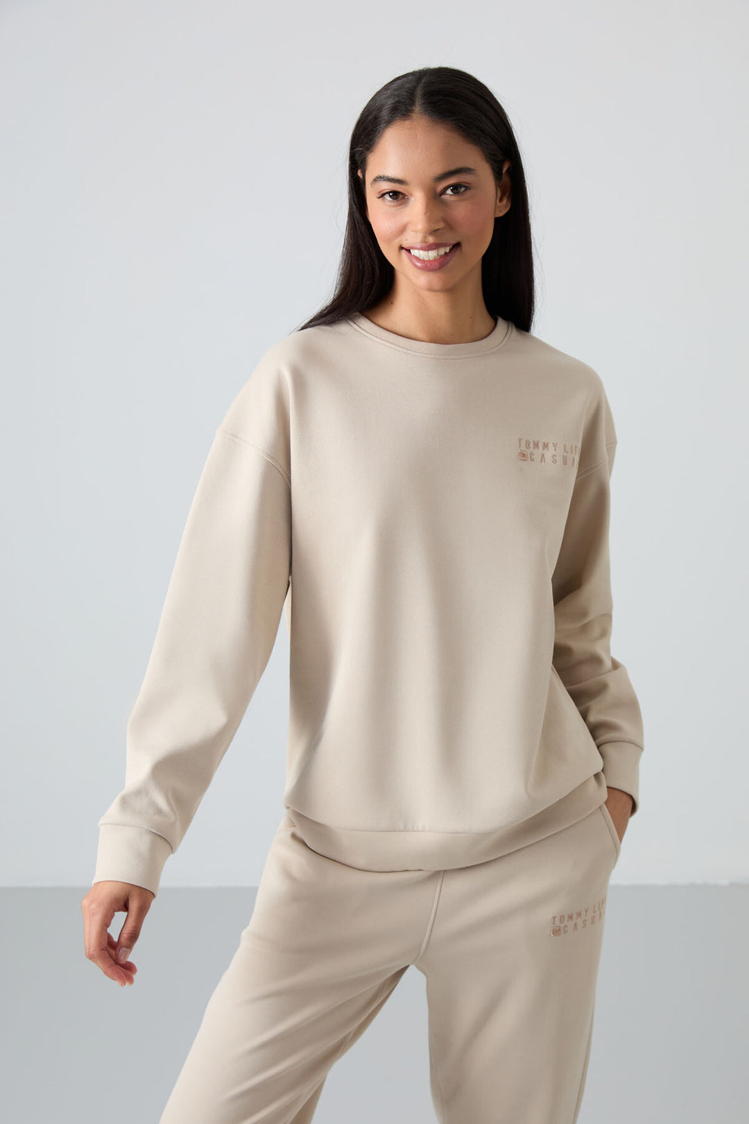 TMY Beige V-Neck Oversized Elastic Cuff Women's Tracksuit Set - 95287 - Rotterdam