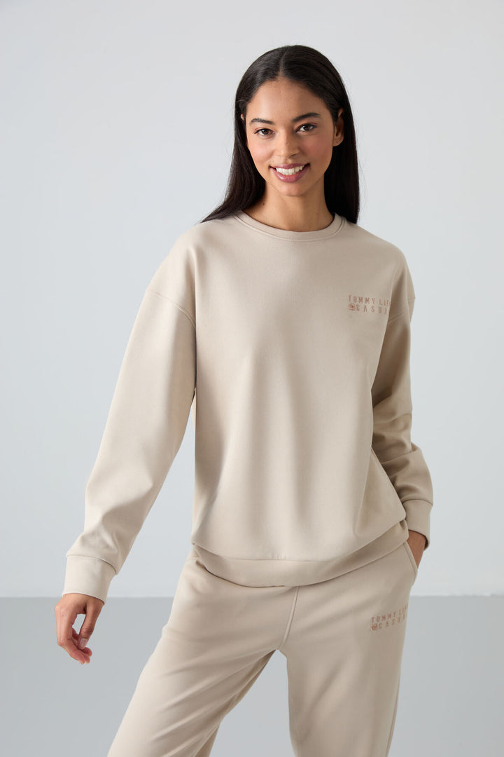 TMY Beige V-Neck Oversized Elastic Cuff Women's Tracksuit Set - 95287 - Rotterdam