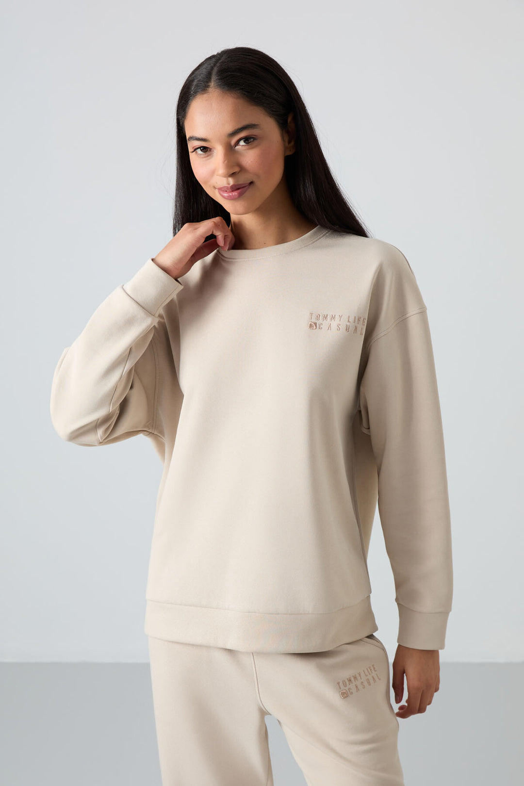 TMY Beige V-Neck Oversized Elastic Cuff Women's Tracksuit Set - 95287 - Rotterdam