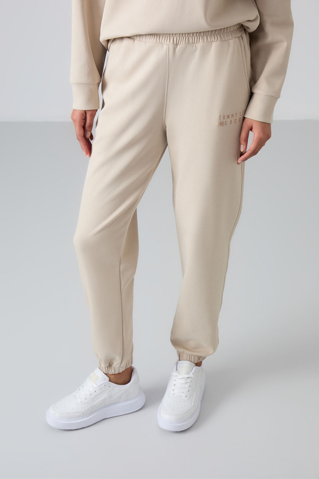 TMY Beige V-Neck Oversized Elastic Cuff Women's Tracksuit Set - 95287 - Rotterdam