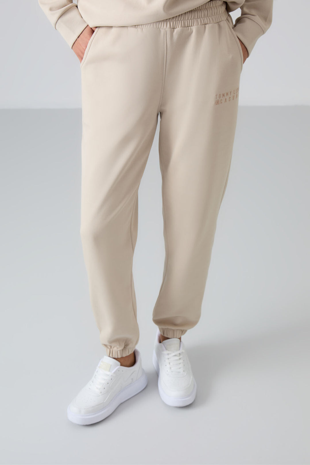 TMY Beige V-Neck Oversized Elastic Cuff Women's Tracksuit Set - 95287 - Rotterdam