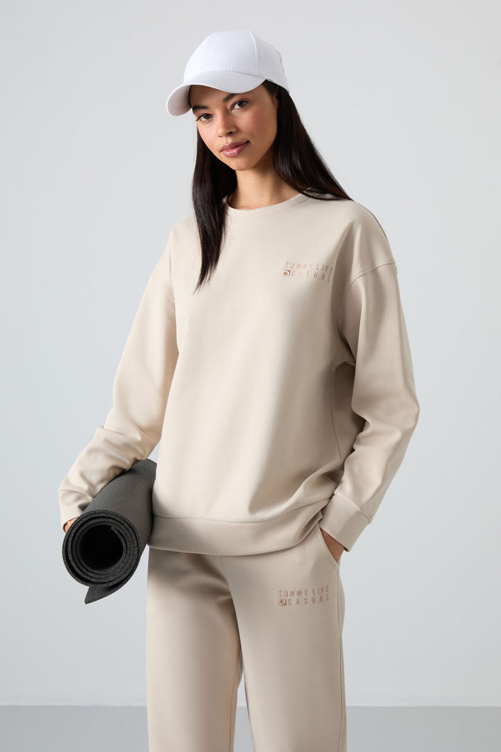 TMY Beige V-Neck Oversized Elastic Cuff Women's Tracksuit Set - 95287 - Rotterdam