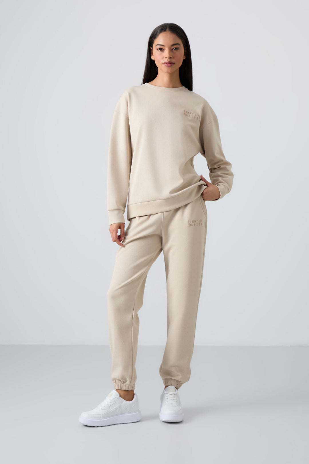 TMY Beige V-Neck Oversized Elastic Cuff Women's Tracksuit Set - 95287 - Rotterdam